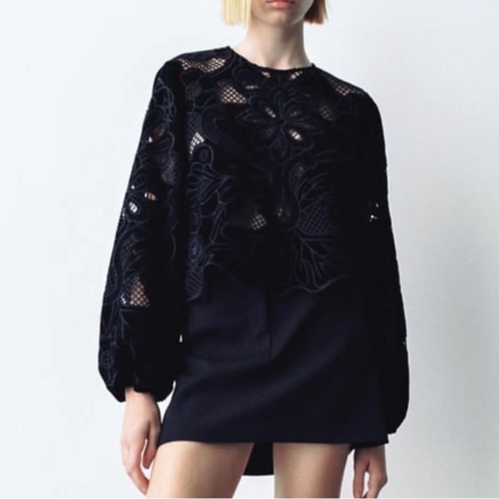 Zara Elegant Black Velvet & Lace Top